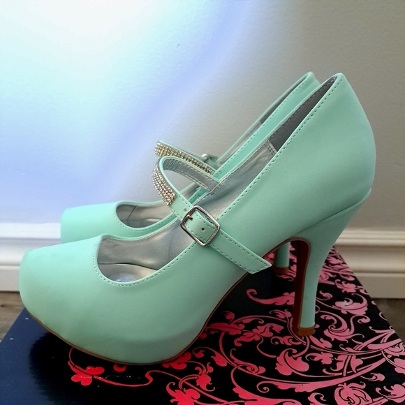 Qupid | menthol nubuck pu~ mint green high heel with rhinestone strap - Picture 4 of 9